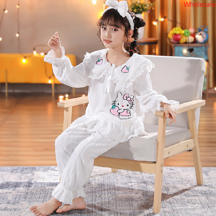 Autumn and Winter Children's Pajamas Coral Plush Warm Girls' Princess Style Thickened Flannel Home Fur Set