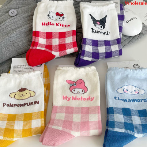 Sanrio Spring/Summer Mid Tube Socks Sweet Student Versatile Cartoon Plaid