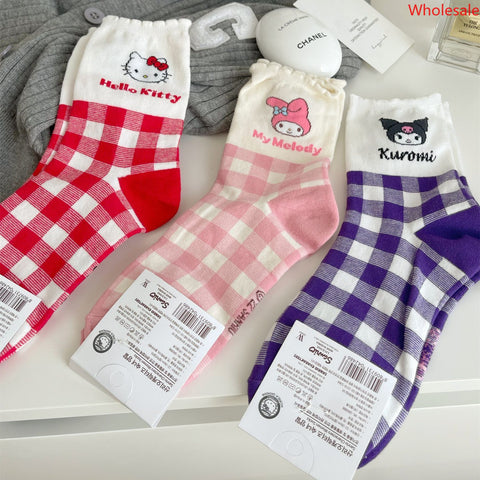 Sanrio Spring/Summer Mid Tube Socks Sweet Student Versatile Cartoon Plaid