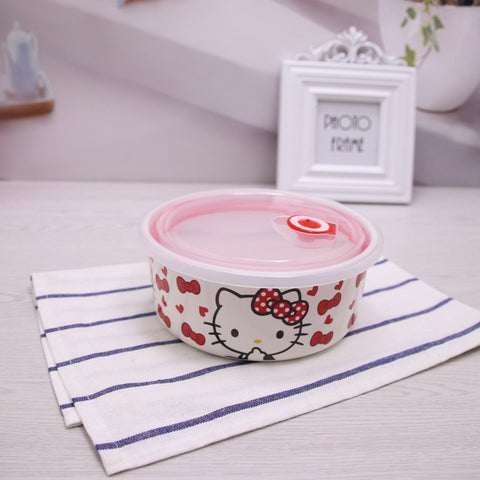 HK Imitation Porcelain Melamine Household Convenient Fresh-keeping Box, Environmentally Friendly Round Lunch Box, Bento Box, Fruit Bowl, Students with Lunch Box