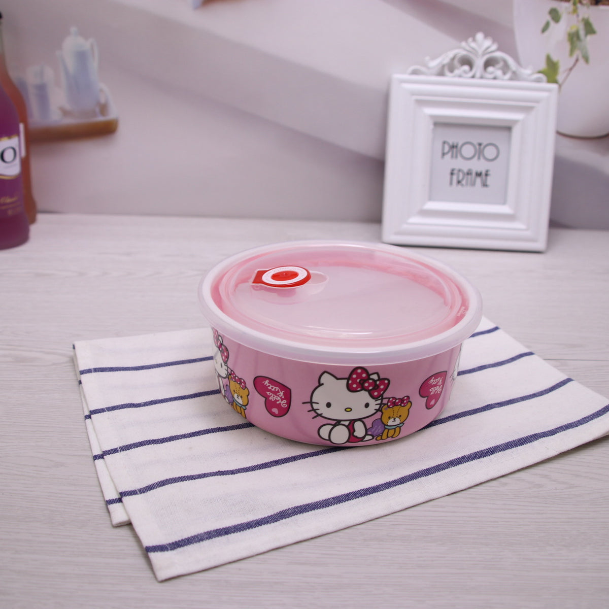 HK Imitation Porcelain Melamine Household Convenient Fresh-keeping Box, Environmentally Friendly Round Lunch Box, Bento Box, Fruit Bowl, Students with Lunch Box