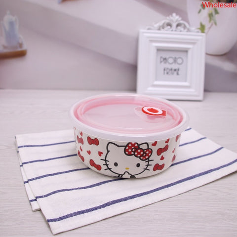 HK Imitation Porcelain Melamine Household Convenient Fresh-keeping Box, Environmentally Friendly Round Lunch Box, Bento Box, Fruit Bowl, Students with Lunch Box