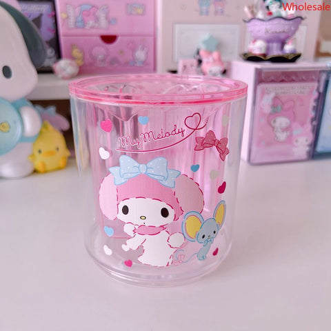 Girls' Heart Transparent Round Rotable Sanrio Penholder Makeup Brush Stationery Storage Bucket Large Capacity