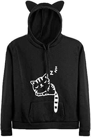 Women Teen Girls Cat Hoodie Sweatshirt Cute Cat Ear Sleeping Cat Printed Pullover Sweatshirt