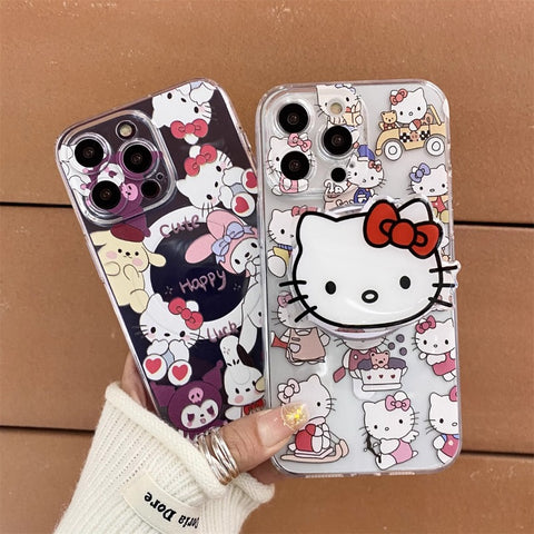 Transparent Sanrio KT Cat Stand Phone Case Kuromi My Melody Sanrio iPhone Case Full Body Protective Case For IPhone 11-15 Pro Max