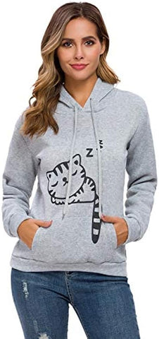 Women Teen Girls Cat Hoodie Sweatshirt Cute Cat Ear Sleeping Cat Printed Pullover Sweatshirt