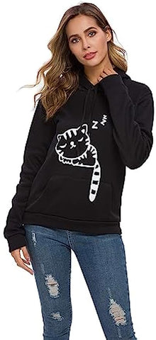 Women Teen Girls Cat Hoodie Sweatshirt Cute Cat Ear Sleeping Cat Printed Pullover Sweatshirt