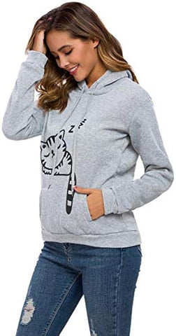 Women Teen Girls Cat Hoodie Sweatshirt Cute Cat Ear Sleeping Cat Printed Pullover Sweatshirt