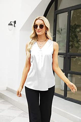 Women's Silk Satin Blouse, Summer Sleeveless Tank Tops, V Neck Camisole Work Shirts for Women 2023