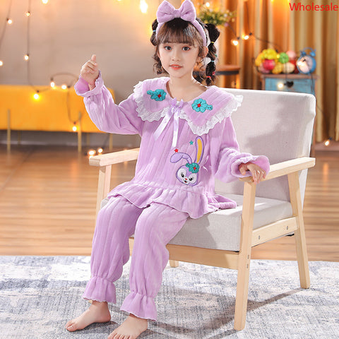 Autumn and Winter Children's Pajamas Coral Plush Warm Girls' Princess Style Thickened Flannel Home Fur Set