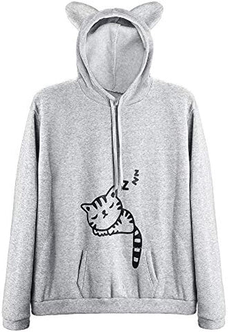 Women Teen Girls Cat Hoodie Sweatshirt Cute Cat Ear Sleeping Cat Printed Pullover Sweatshirt