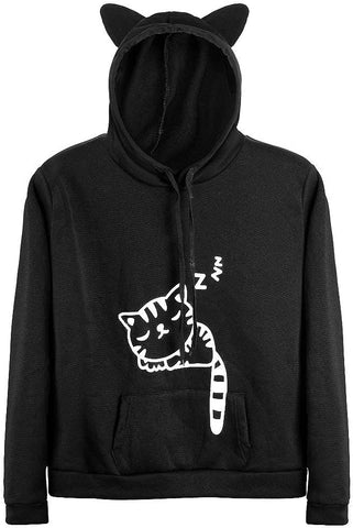 Women Teen Girls Cat Hoodie Sweatshirt Cute Cat Ear Sleeping Cat Printed Pullover Sweatshirt