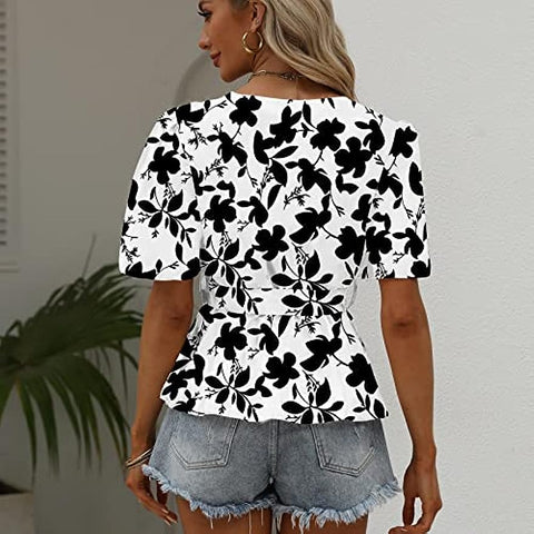 Summer Wrap Top for Women, Casual Floral Peplum Blouse Flowy Bell Sleeve V Neck Waist Tie Loose Fit Tunic Shirt