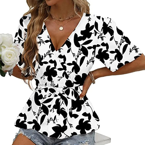 Summer Wrap Top for Women, Casual Floral Peplum Blouse Flowy Bell Sleeve V Neck Waist Tie Loose Fit Tunic Shirt