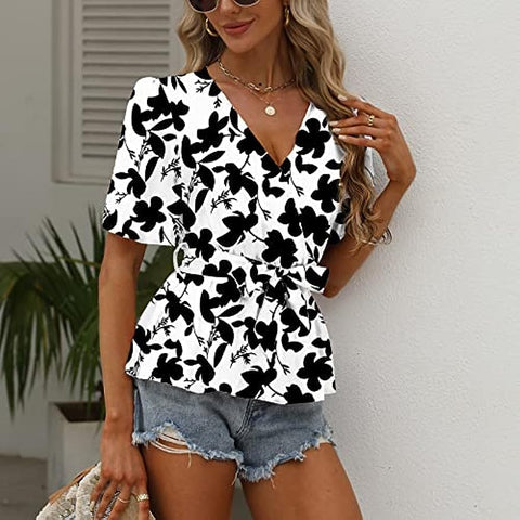 Summer Wrap Top for Women, Casual Floral Peplum Blouse Flowy Bell Sleeve V Neck Waist Tie Loose Fit Tunic Shirt