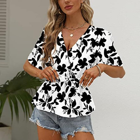 Summer Wrap Top for Women, Casual Floral Peplum Blouse Flowy Bell Sleeve V Neck Waist Tie Loose Fit Tunic Shirt