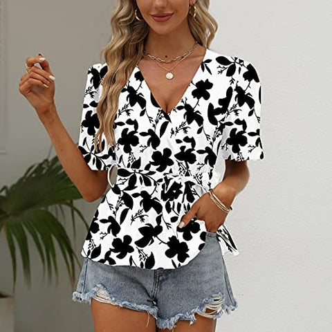 Summer Wrap Top for Women, Casual Floral Peplum Blouse Flowy Bell Sleeve V Neck Waist Tie Loose Fit Tunic Shirt