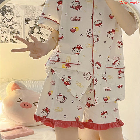 Pajama Women's Short Sleeve Shorts Summer Set Cute Sweet Student Soft Girl Loungewear Set