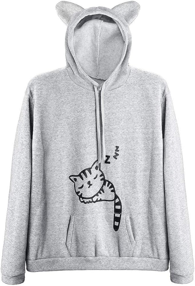 Women Teen Girls Cat Hoodie Sweatshirt Cute Cat Ear Sleeping Cat Printed Pullover Sweatshirt