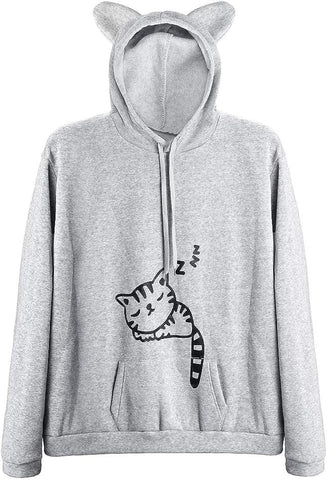 Women Teen Girls Cat Hoodie Sweatshirt Cute Cat Ear Sleeping Cat Printed Pullover Sweatshirt