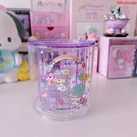 Girls' Heart Transparent Round Rotable Sanrio Penholder Makeup Brush Stationery Storage Bucket Large Capacity