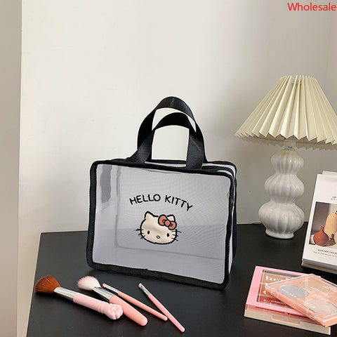 New Sanrio Genuine Cute Cartoon Mesh Portable Cosmetic Bag Wash Bag Commuting Snacks Shopping Bag