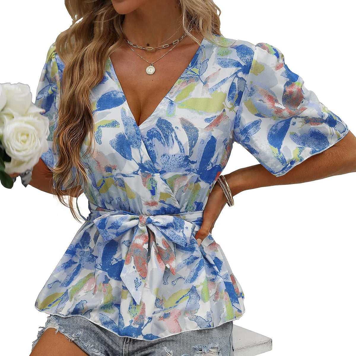 Summer Wrap Top for Women, Casual Floral Peplum Blouse Flowy Bell Sleeve V Neck Waist Tie Loose Fit Tunic Shirt