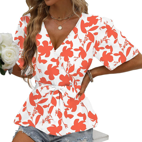 Summer Wrap Top for Women, Casual Floral Peplum Blouse Flowy Bell Sleeve V Neck Waist Tie Loose Fit Tunic Shirt