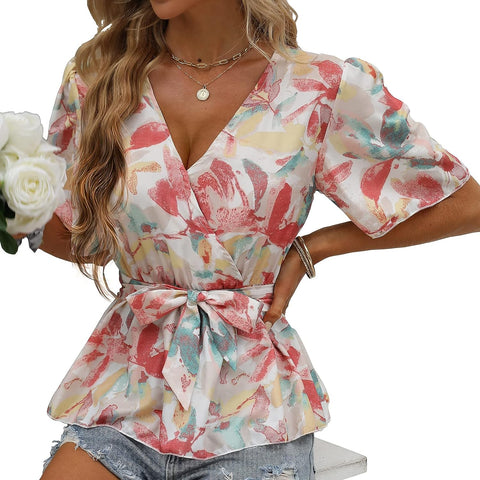 Summer Wrap Top for Women, Casual Floral Peplum Blouse Flowy Bell Sleeve V Neck Waist Tie Loose Fit Tunic Shirt