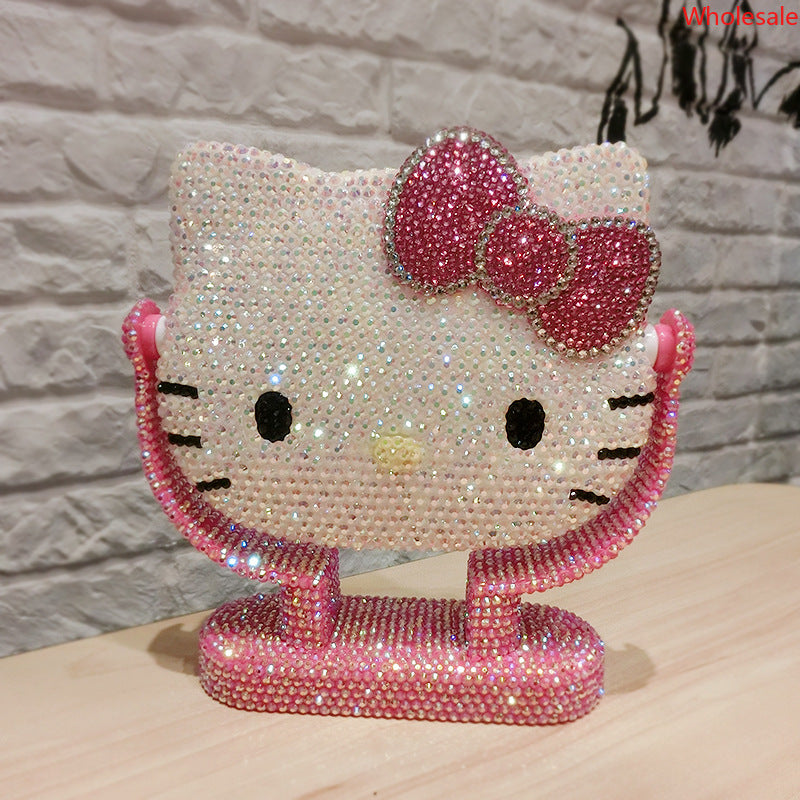 HK Rhinestone Make-up Mirror Patch Diamond Pink Girl Heart Mirror Dressing Mirror Rotating Mirror