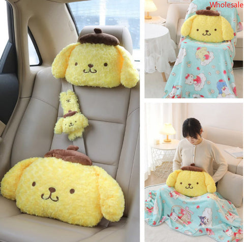 Cartoon Pompom Purin Throw Pillow Blanket 2-in-1 Car Air Conditioning Blanket Car Headrest Safety Belt Cover