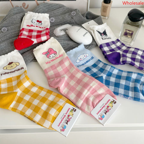 Sanrio Spring/Summer Mid Tube Socks Sweet Student Versatile Cartoon Plaid