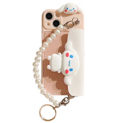 Sanrio Cinnamon Hard iPhone Cases with Bag and Pearl Chain Suitable for iPhone 6-15 Pro Max