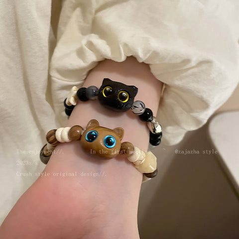 Natural Stone Kitten Beaded Bracelet for Girls, Light Luxury, Small Couples, New Style Bracelet for Friends, Ceramic Cute Handicrafters, Home112