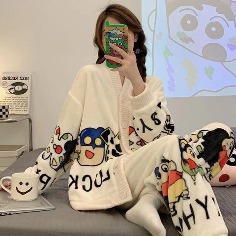 Coral Velvet Pajamas Women&#039;s Autumn and Winter Long-sleeved Flannel Padded Home Service Suit