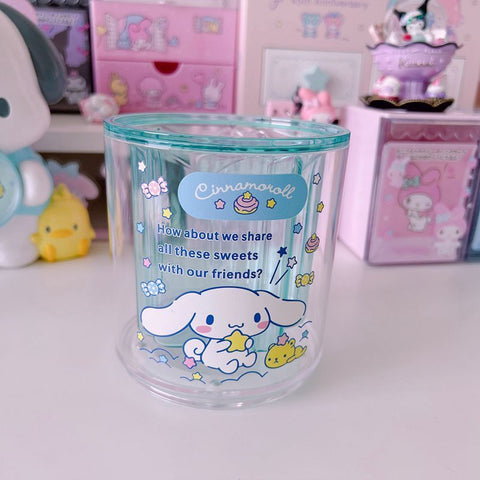 Girls' Heart Transparent Round Rotable Sanrio Penholder Makeup Brush Stationery Storage Bucket Large Capacity