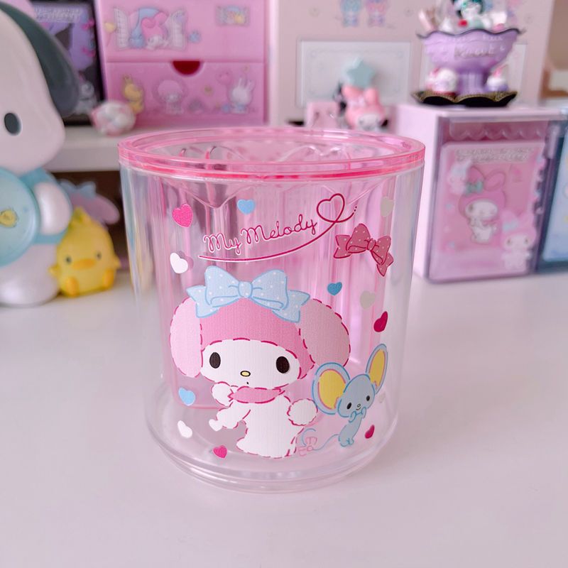 Girls' Heart Transparent Round Rotable Sanrio Penholder Makeup Brush Stationery Storage Bucket Large Capacity