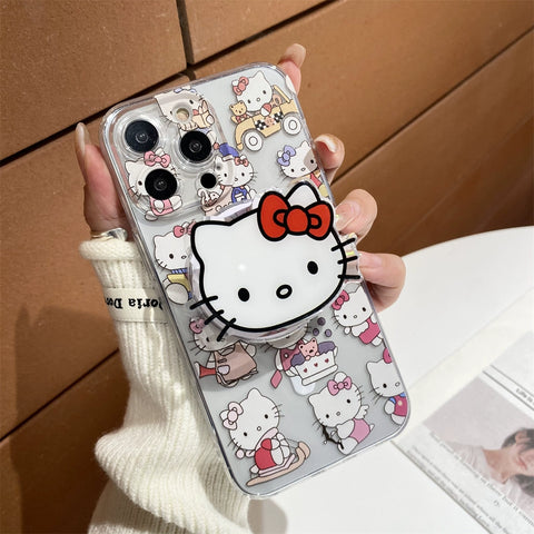 Transparent Sanrio KT Cat Stand Phone Case Kuromi My Melody Sanrio iPhone Case Full Body Protective Case For IPhone 11-15 Pro Max