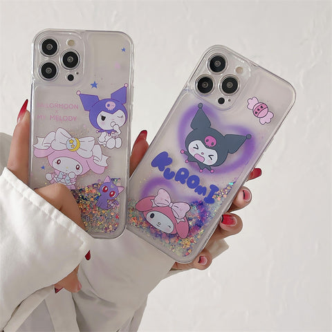 Sanrio Melody Kuromi Hard iPhone Glitter Cases with Liquid and Glow-in-the-Dark Suitable for iPhone 6-15 Pro Max