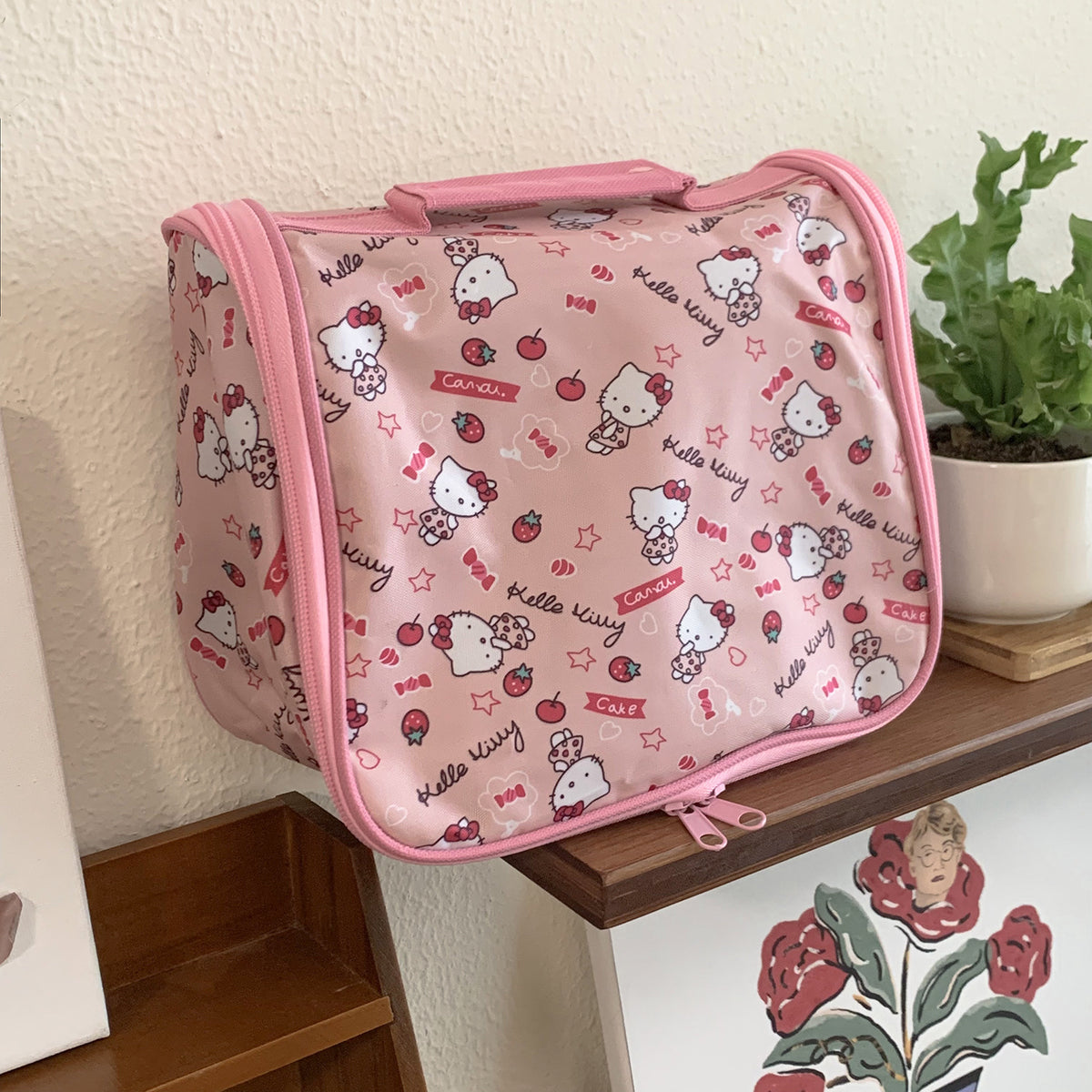 Pink KT Cat Makeup Bag Folding Cute Student Portable Large Capacity Multifunctional Cosmetics Travel Storage Bag