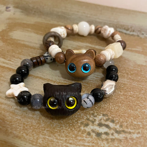 Natural Stone Kitten Beaded Bracelet for Girls, Light Luxury, Small Couples, New Style Bracelet for Friends, Ceramic Cute Handicrafters, Home112