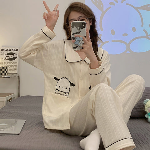 Spring and Autumn Sleepwear Women's Cotton Long Sleeved Long Sleeved Girls' Home Furnishing Two Piece Set