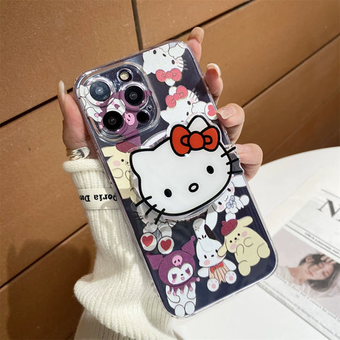 Transparent Sanrio KT Cat Stand Phone Case Kuromi My Melody Sanrio iPhone Case Full Body Protective Case For IPhone 11-15 Pro Max