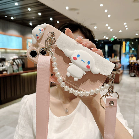 Sanrio Cinnamon Hard iPhone Cases with Bag and Pearl Chain Suitable for iPhone 6-15 Pro Max