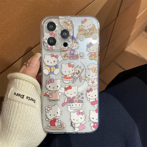 Transparent Sanrio KT Cat Stand Phone Case Kuromi My Melody Sanrio iPhone Case Full Body Protective Case For IPhone 11-15 Pro Max