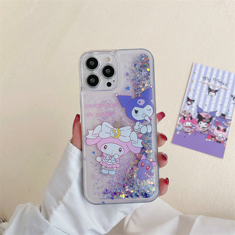 Sanrio Melody Kuromi Hard iPhone Glitter Cases with Liquid and Glow-in-the-Dark Suitable for iPhone 6-15 Pro Max