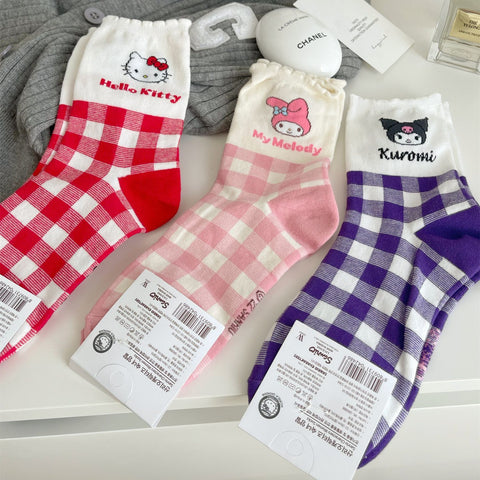 Sanrio Spring/Summer Mid Tube Socks Sweet Student Versatile Cartoon Plaid