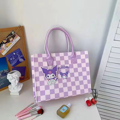 Sanrio Cute Cartoon Plaid Versatile Felt Bag Student Baoma Commuter Tote Bag