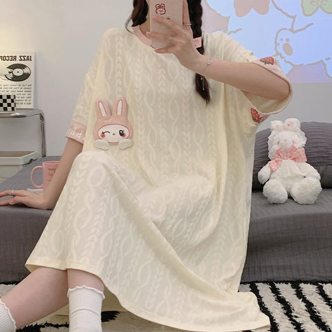 Round Neck Simple Jacquard Nightgown Short Sleeve New Cute Home Clothes Loose Skirt Students