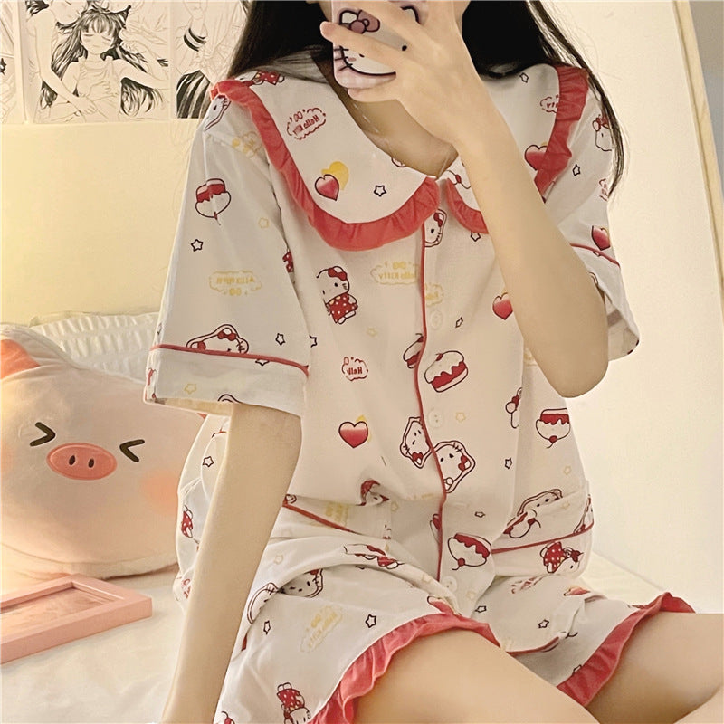 Pajama Women's Short Sleeve Shorts Summer Set Cute Sweet Student Soft Girl Loungewear Set